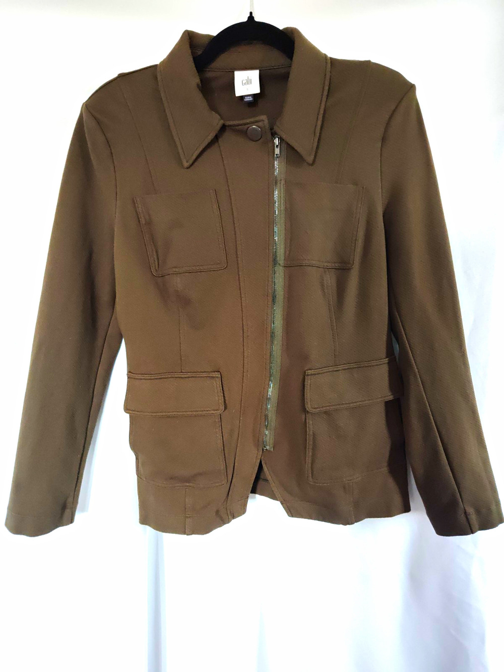 CAbi Brown Solid Zip Front Basic Jacket Collared Pockets Long Sleeve S